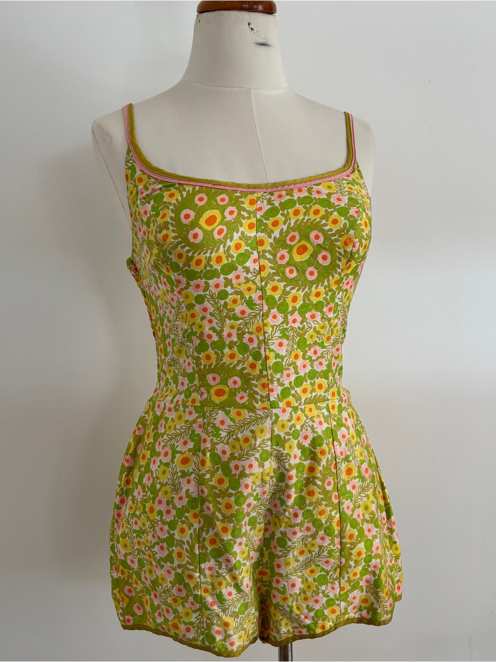 Vintage 70s Handmade Green Floral Cotton Romper Playsuit